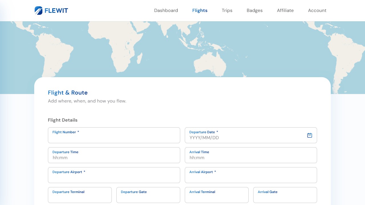 Interactive flight route and travel details in FlewIt